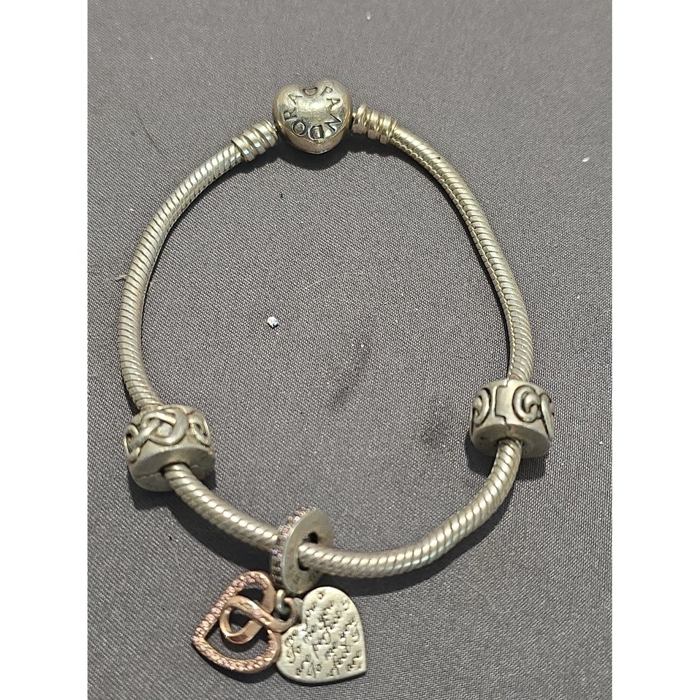 Pandora Sterling Silver Bracelet With 14K Gold Charm Size 7.1" w 5 charms